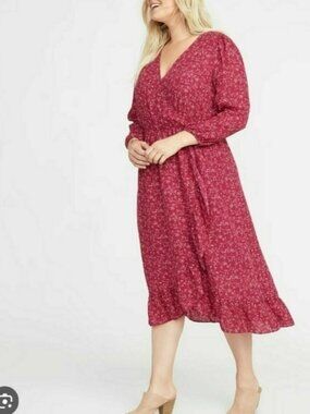 Old Navy Faux-Wrap Georgette Dress in Magenta Ditsy Floral